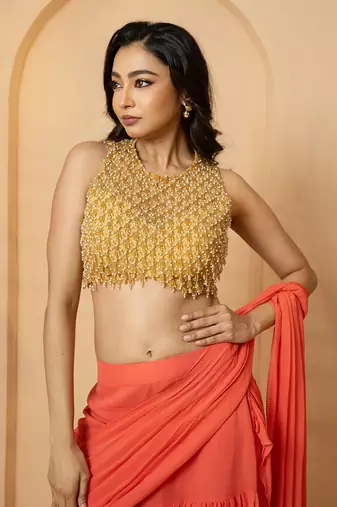 Peach georgette and net saree