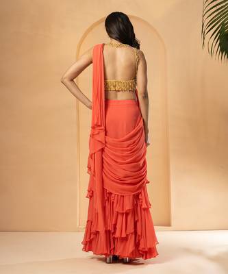 Peach georgette and net saree 4
