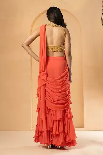 Peach georgette and net saree