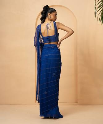 Blue georgette and net saree 5