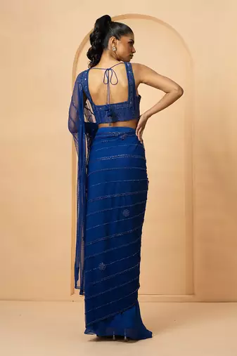 Blue georgette and net saree