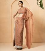 Beige georgette and net modal satin saree