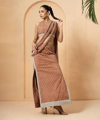 Beige georgette and net modal satin saree 1