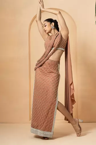 Beige georgette and net modal satin saree