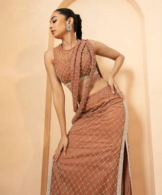 Beige georgette and net modal satin saree 3
