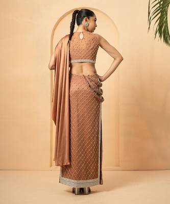 Beige georgette and net modal satin saree 4