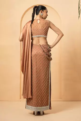 Beige georgette and net modal satin saree