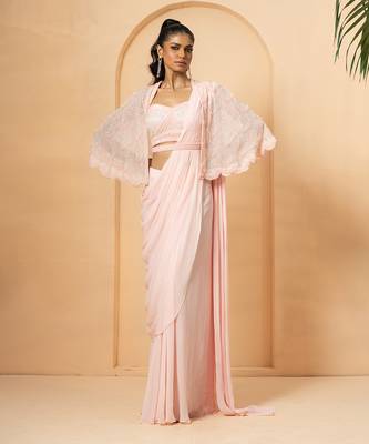 Baby pink georgette and net saree 1