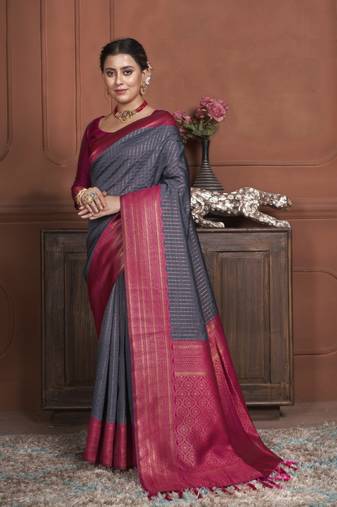 Blue kanjivaram silk blend zari Weaving With Gold Zari Border And Pallu Saree With Blouse For Women