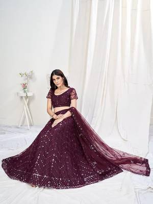Wine Embroidered Net Lehenga Choli 5