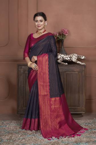 Navy kanjivaram silk blend zari Weaving With Gold Zari Border And Pallu Saree With Blouse For Women