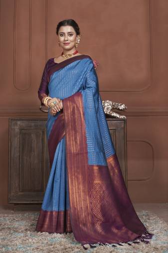 Indigo kanjivaram silk blend zari Weaving With Gold Zari Border And Pallu Saree With Blouse For Women