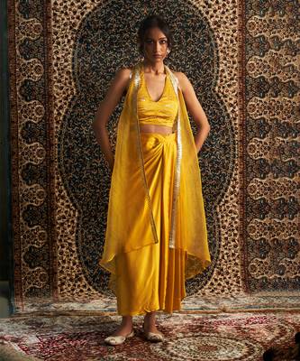 Marigold organza  jacket with draped skirt set 1