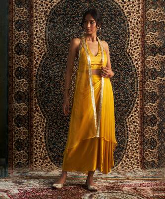 Marigold organza  jacket with draped skirt set 2
