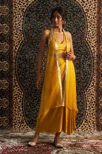 Marigold organza  jacket with draped skirt set