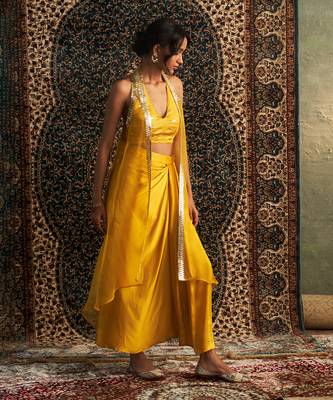 Marigold organza  jacket with draped skirt set 3