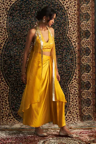 Marigold organza  jacket with draped skirt set