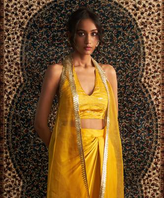 Marigold organza  jacket with draped skirt set 4