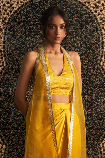 Marigold organza  jacket with draped skirt set