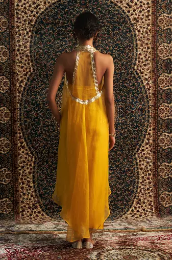 Marigold organza  jacket with draped skirt set