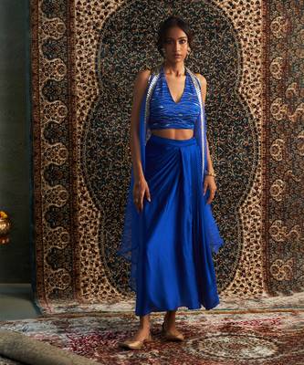 Blue organza  jacket with draped skirt set 1