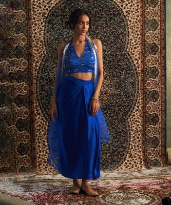 Blue organza  jacket with draped skirt set 2
