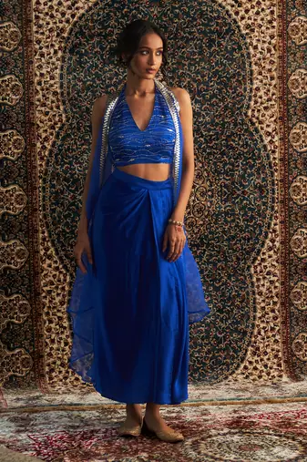 Blue organza  jacket with draped skirt set