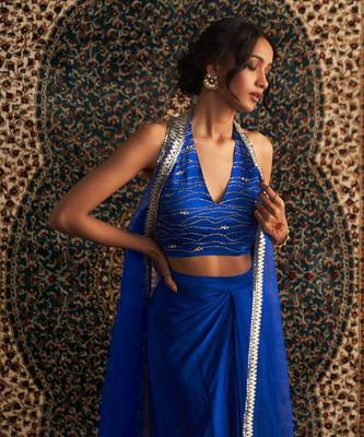 Blue organza  jacket with draped skirt set 3