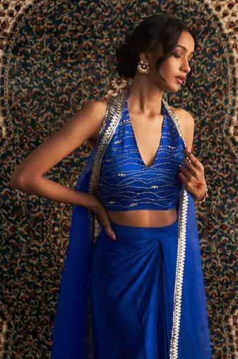 Blue organza  jacket with draped skirt set