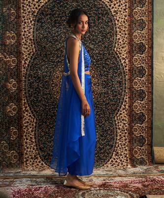 Blue organza  jacket with draped skirt set 4