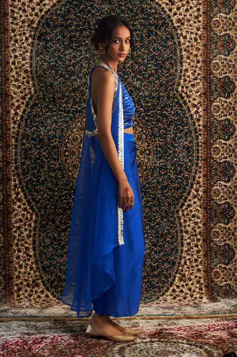 Blue organza  jacket with draped skirt set