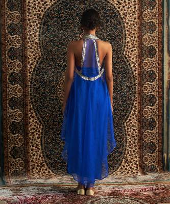 Blue organza  jacket with draped skirt set 5
