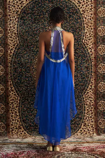 Blue organza  jacket with draped skirt set