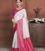 Off White kanjivaram silk blend zari Weaving With Gold Zari Border And Pallu Saree With Blouse For Women