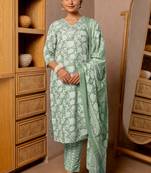 Green White Floral Print Sequins Work Cotton Kurta With Pant And Dupatta Set