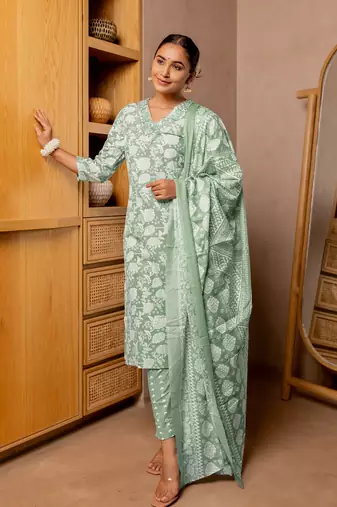 Green White Floral Print Sequins Work Cotton Kurta With Pant And Dupatta Set