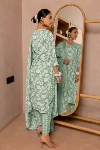 Green White Floral Print Sequins Work Cotton Kurta With Pant And Dupatta Set