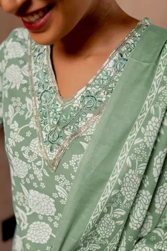 Green White Floral Print Sequins Work Cotton Kurta With Pant And Dupatta Set