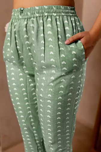 Green White Floral Print Sequins Work Cotton Kurta With Pant And Dupatta Set