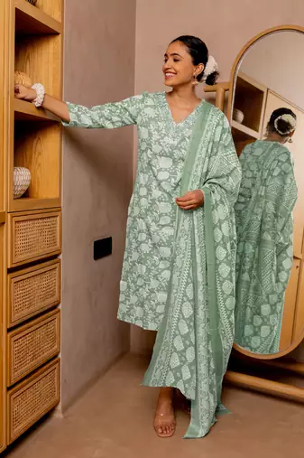 Green White Floral Print Sequins Work Cotton Kurta With Pant And Dupatta Set