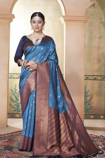 Blue kanjivaram silk blend zari Weaving With Gold Zari Border And Pallu Saree With Blouse For Women