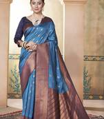 Blue kanjivaram silk blend zari Weaving With Gold Zari Border And Pallu Saree With Blouse For Women