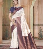 Cream kanjivaram silk blend zari Weaving With Gold Zari Border And Pallu Saree With Blouse For Women