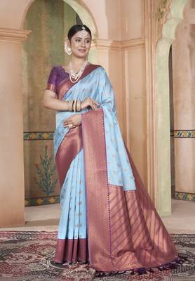Sky Blue kanjivaram silk blend zari Weaving With Gold Zari Border And Pallu Saree With Blouse For Women 1