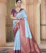 Sky Blue kanjivaram silk blend zari Weaving With Gold Zari Border And Pallu Saree With Blouse For Women