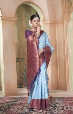 Sky Blue kanjivaram silk blend zari Weaving With Gold Zari Border And Pallu Saree With Blouse For Women 2