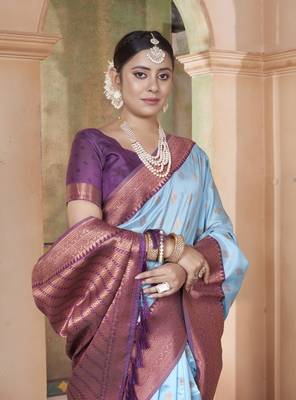 Sky Blue kanjivaram silk blend zari Weaving With Gold Zari Border And Pallu Saree With Blouse For Women 3