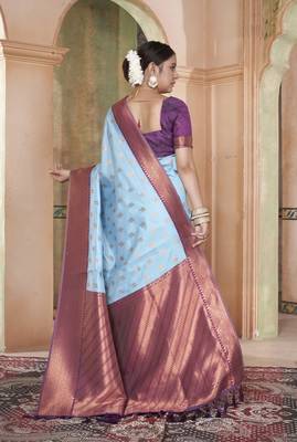 Sky Blue kanjivaram silk blend zari Weaving With Gold Zari Border And Pallu Saree With Blouse For Women 4