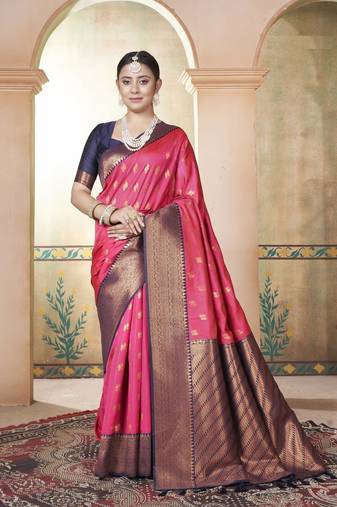 Rani Pink kanjivaram silk blend zari Weaving With Gold Zari Border And Pallu Saree With Blouse For Women
