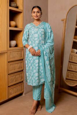 Turquoise, Off White Floral Print Sequins Work Cotton Kurta With Pant And Dupatta 1